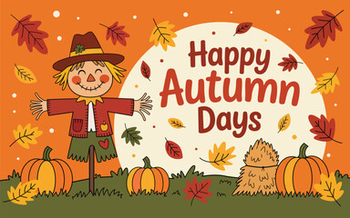 Cheerful scarecrow with autumn decorations