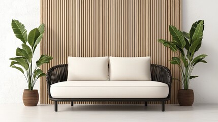 A professional-grade product photo featuring a chic 3D empty room with modern furnishings and ample blank space for branding or