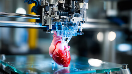 3D printer nozzle meticulously crafting a realistic human heart model layer by layer