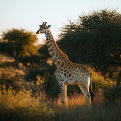 Obraz premium Giraffe walking through savanna at sunset in Africa