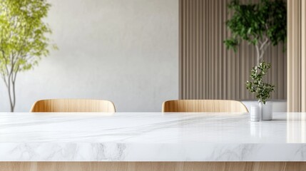 Modern, neutral interior with a marble countertop and wooden chairs