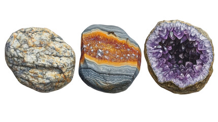 Three unique mineral specimens showcasing varied textures and vibrant colors on a plain background