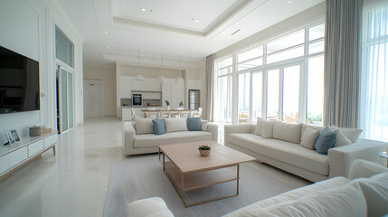 Spacious Open Concept Living Room With White Furniture And Natural Light