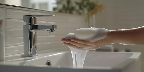 Eine Nahaufnahme von Händen die gerade gewaschen werden. Das Wasser sprudelt aus dem Wasserhahn.