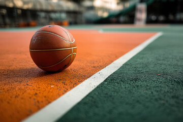 An orange and green basketball is positioned on a vibrant court. The textured surface of the court contrasts with the ball, highlighting its colors and inviting playful action in the warm sun