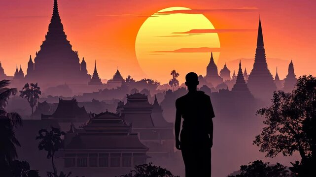 Cartoon Monk in Meditation at Sunset Monastery Retreat Vector Art