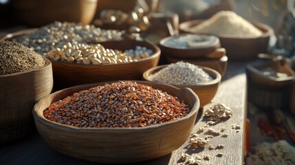 Various raw grains and seeds arranged in a rustic setting.