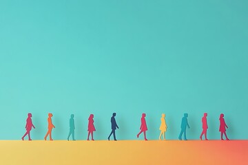Diverse People Walking Path Minimalist Background