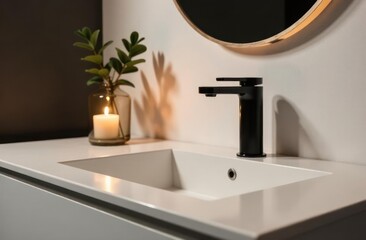 modern bathroom interior with sleek white sink and matte black faucet. soft candlelight glows near mirror and green plant. minimalist decor. home design, lifestyle