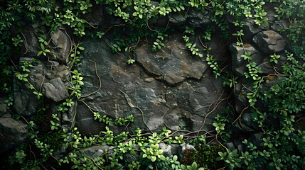 Nature's canvas displays a harmonious blend of rocks and lush green vines in an enchanting forest setting