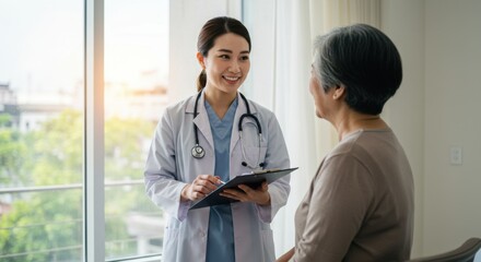 Smiling Asian Female Doctor with Ponytail Consulting Elderly Asian Female Patient Indoors in Bright Medical Office