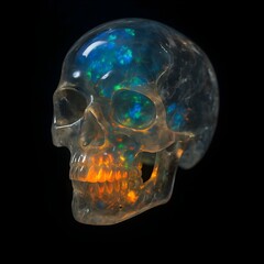 Realistic human skull sculpture made of shimmering opal-like material, glowing with iridescent colors against a dark background, evoking mystery and elegance.