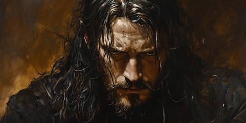 Obraz premium Intriguing portrait of a bearded man with flowing hair, rendered in rich oil paints. Warm tones create a classic, detailed aesthetic