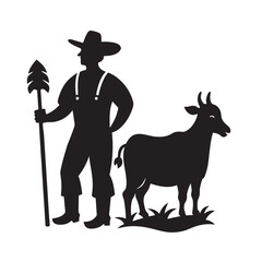 Farmer with animal rural scene silhouette