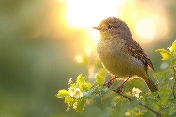 A small bird rests on a flowering branch bathed in golden light against a soft green backdrop