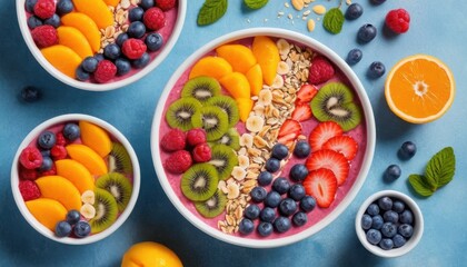 Healthy fruit bowl kitchen food photography bright colors overhead view wellness
