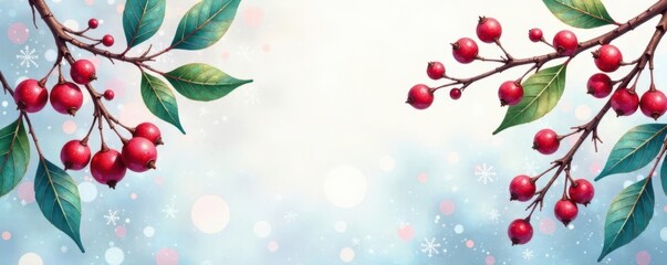 Watercolor winterberries, glitter leaves, festive branches, green, silver