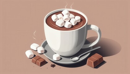 Delicious hot chocolate with marshmallows cozy kitchen food photography warm atmosphere top view