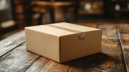 A brown cardboard box sits on a rustic wooden table in a dimly lit space.