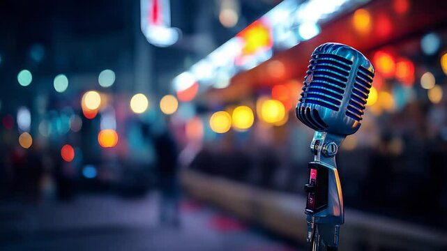 Retro Microphone Shines on City Streets During Nighttime Ambiance Generative AI