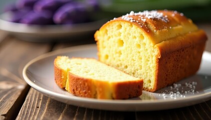 Sliced honey lavender pound cake, golden crust, aromatic, lavender, texture