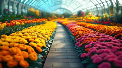 Colorful flowerbeds in a greenhouse