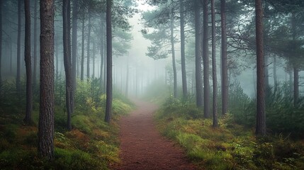 Foggy pine forest with a mysterious dirt path leading into the unknown.
