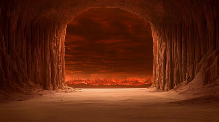 Red Cave Tunnel Entrance To Destroyed Cityscape