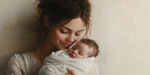 Gentle oil painting of a mother cradling her baby. Soft light and a peaceful gaze create a tender, timeless moment