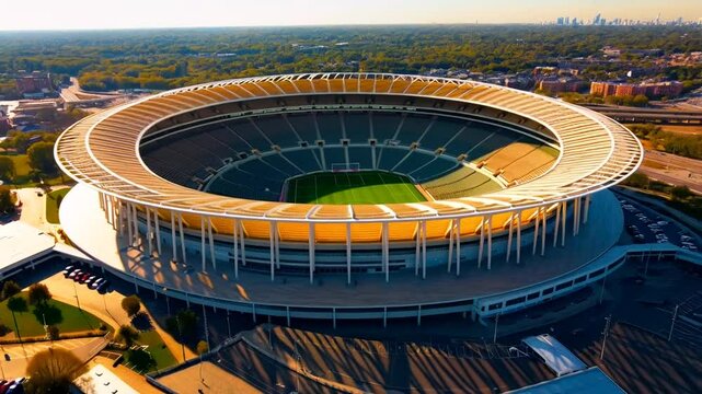 Modern Architectural Marvel: An expansive aerial view showcases a monumental stadium, a paragon of contemporary design with a circular facade, bathed in sunlight and poised amidst a green expanse.
