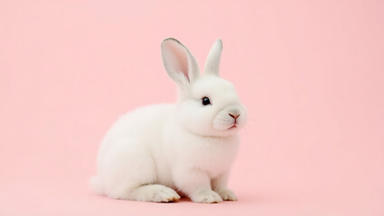 Obraz premium Fluffy white rabbit and pink background