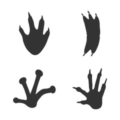 Reptiles footprints silhouettes set isolated on white background, such as idea of logo in gray.  Crocodile, Iguana, Chameleon, Frog foot print. Stock vector. EPS10.