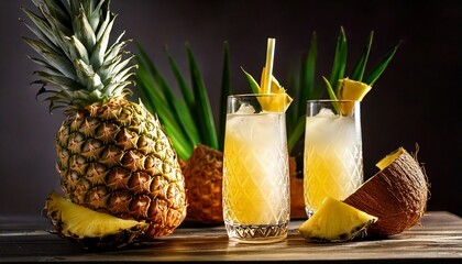 Fresh pineapple juice with coconut water, served in designer glasses with exotic fruit garnish, classy tropical feel, luxury restaurant decor