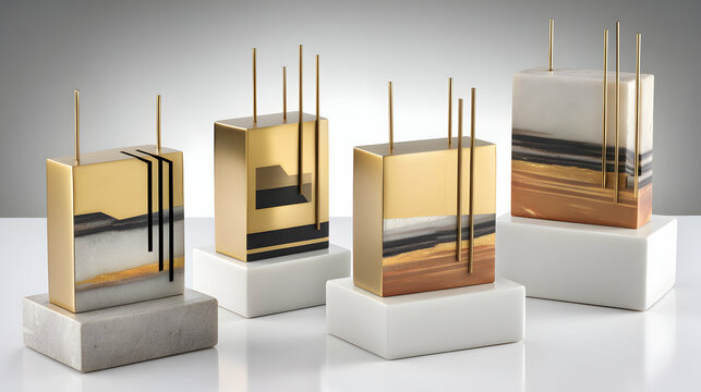 Abstract Gold and Stone Cuboid Sculptures on White Marble Bases