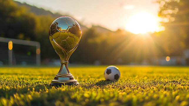 This golden football trophy sits on the green grass as the sun sets, with a soccer ball rolling nearby.