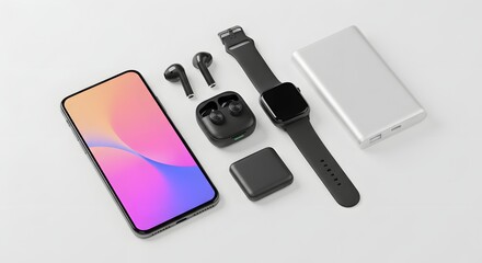 Wireless Tech Essentials Organized in a Flat Lay