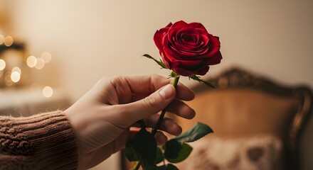 A close-up shot reveals a person tenderly holding a vibrant, velvety red rose, its petals perfectly unfurled. The image evokes feelings of love, appreciation, and romance.