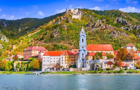 Durnstein, Austria. Wachau Valley on Danube River, beautiful seasonal colored landscape.