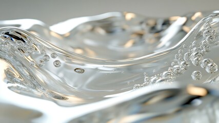 Close up shot of transparent liquid surface with bubbles and bright reflections.