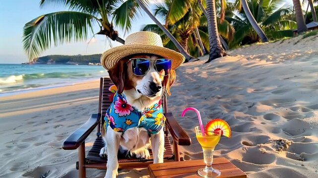 Dog on a beach lounger on a paradisiacal beach sipping a refreshing drink