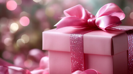Fototapeta premium A glamorous Pink Gift Box Wrapped With Ribbon Against A Glittering Background