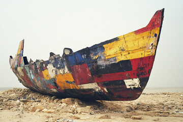 A Colorful Relic of the Sea: A Weathered and Patchwork Boat Resting on a Rocky Shoreline.