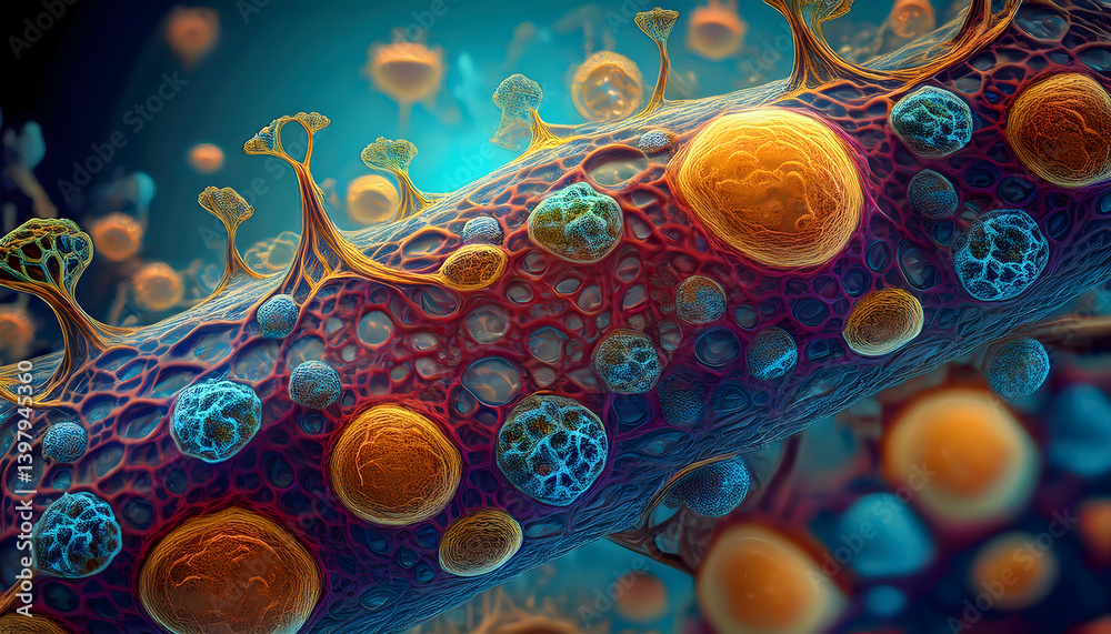Poster Intricate microscopic view of cellular structures showcasing vibrant colors and complex patterns of life