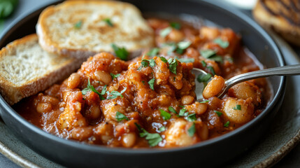 Hearty bean stew preparation cozy kitchen food photography warm environment close-up view comfort cooking ideas