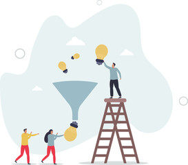 Idea funnel, brainstorm to get solution or final idea, creativity, innovation or imagination to create inspiring solution concept.flat character life .