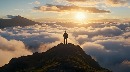 Man Standing on Mountain Summit at Sunset over Clouds