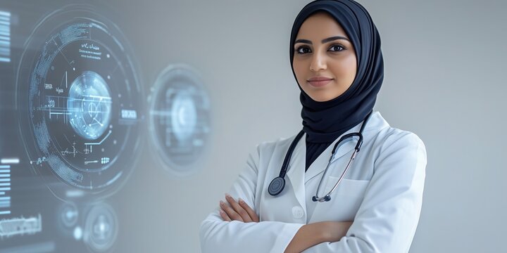 Female doctor  in hijab confidently standing with digital medical interface  