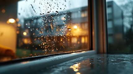This moody image showcases a rainy window adorned with intricate droplets, featuring glowing lights from outside, evoking feelings of nostalgia and peaceful solitude.