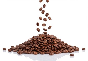 Falling coffee beans forming a pile on a white surface with some beans scattered around the base