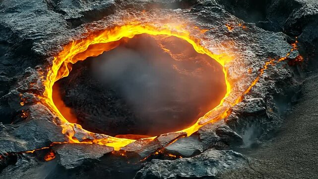 Fiery Lava Eruption with Glowing Hot Magma Surrounded by Rocky Crater Landscape